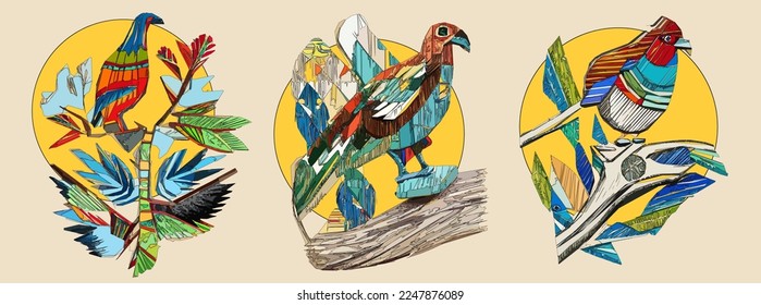 Exotic bird on tree branch with leaves and sun on light beige background. Colorful illustration.