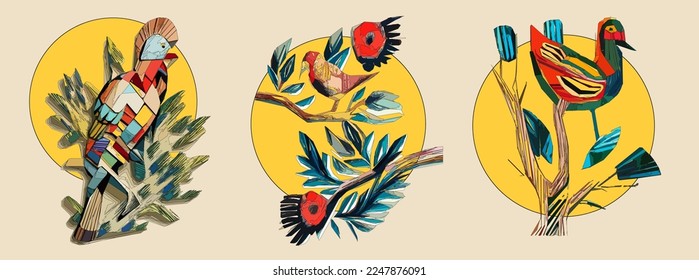 Pájaro exótico en rama arbórea con hojas y sol sobre fondo beige claro. Ilustración colorida.