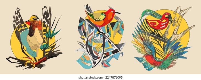 Exotic bird on tree branch with leaves and sun on light beige background. Colorful illustration.