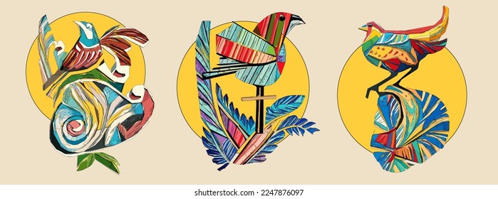 Exotic bird on tree branch with leaves and sun on light beige background. Colorful illustration.