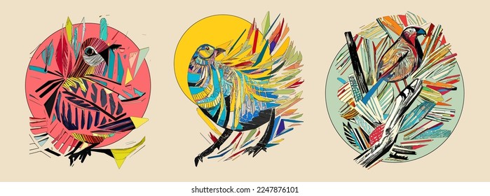 Exotic bird on tree branch with leaves and sun on light beige background. Colorful illustration.