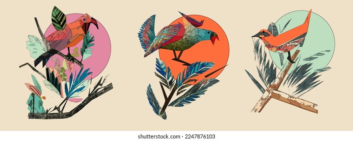 Exotic bird on tree branch with leaves and sun on light beige background. Colorful illustration.