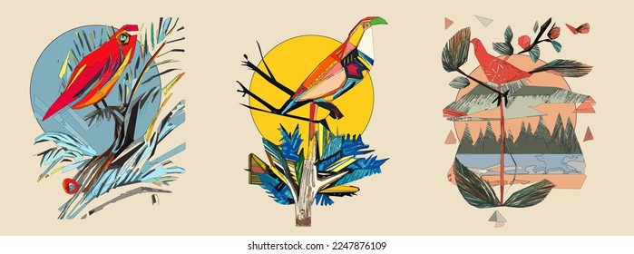 Exotic bird on tree branch with leaves and sun on light beige background. Colorful illustration.