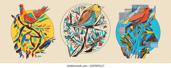 Exotic bird on tree branch with leaves and sun on light beige background. Colorful illustration.