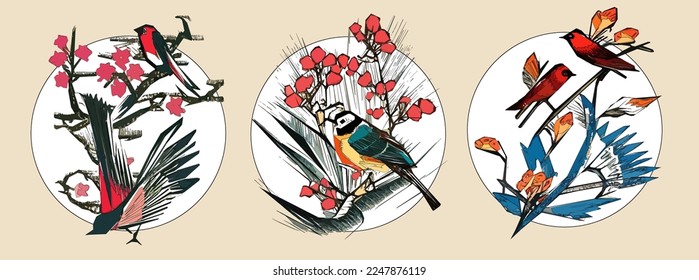 Exotic bird on tree branch with leaves and sun on light beige background. Colorful illustration.