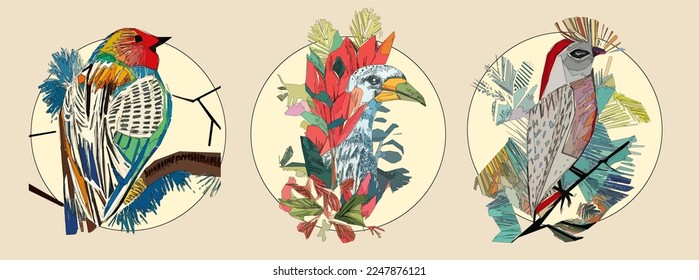 Exotic bird on tree branch with leaves and sun on light beige background. Colorful illustration.