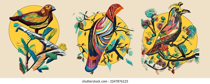 Exotic bird on tree branch with leaves and sun on light beige background. Colorful illustration.