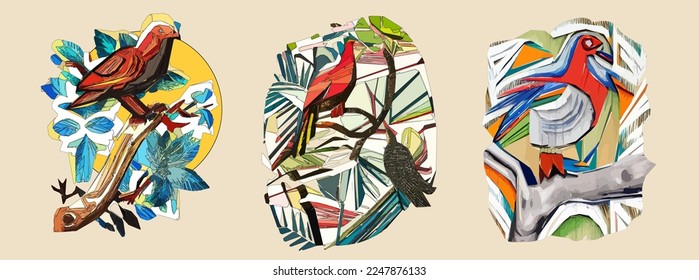 Exotischer Vogel auf Baumzweig mit Blättern und Sonne auf hellbeigem Hintergrund. Farbige Illustration.