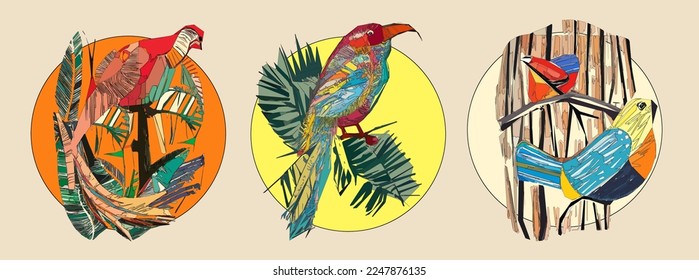 Exotic bird on tree branch with leaves and sun on light beige background. Colorful illustration.