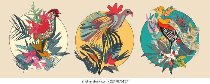 Exotischer Vogel auf Baumzweig mit Blättern und Sonne auf hellbeigem Hintergrund. Farbige Illustration.