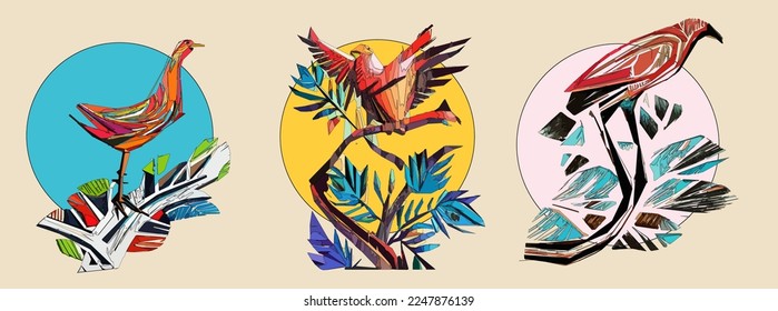 Exotic bird on tree branch with leaves and sun on light beige background. Colorful illustration.