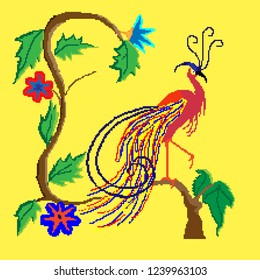 exotic bird on a tree in pixel art style