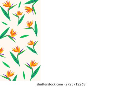 Fondo exótico del pájaro del paraíso con espacio de copia de borde lateral. Plantilla floral tropical con flores y hojas de strelitzia. Diseño de Vector plano para el Anuncio de vacaciones de verano o tarjeta de viaje.
