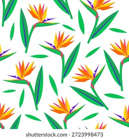 Exótico pájaro del paraíso sin patrón. Fondo plano del Vector con las flores tropicales anaranjadas agudas para la moda de moda del verano, los textiles geométricos modernos, y las impresiones elegantes del tema de la selva.