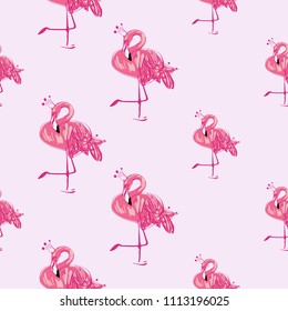Exotic bird pattern. Vector seamless background with watercolor style pink flamingo with princess crown. Colorful hand drawn fashion illustration with exotic flamingo birds.