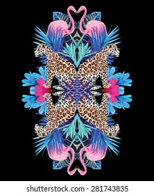 Exotic bird pink flamingo, leopard and nature tropical plant leaf in the fashion mirror style. Illustrator vector paradise print wallpapers