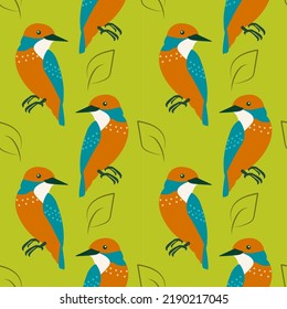 Patrón de aves exóticas sin fisuras con hojas sobre fondo verde. Papel de escritorio, papel envolvente, impresión