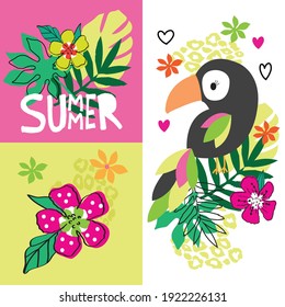 Exotic bird sitting on branch with tropic palm leaves vector illustration. T-shirt graphics design. Parrot bird vector illustration for T-shirt apparel design.