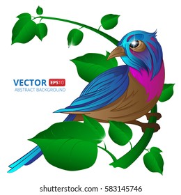 Exotic bird sitting on a branch with leaves on white background. Vector illustration with hand draw to spring season. Greeting card design