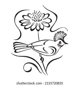 Exotic bird sitting on a flower. Black and white linear drawing isolated on white background. Hand drawn vector illustration. Calligraphic drawing. Design for tattoo, greeting cards, invitations.