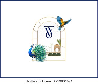 Exotic bird theme wedding monogram with traditional palace garden view.