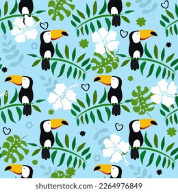 Exotic bird toucan, leaves, flowers and hearts. Funny seamless pattern.