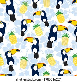 Exotic bird toucan, pineapples and flowers. Seamless pattern.