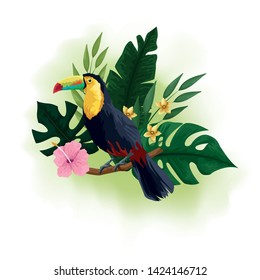 Tucán de aves exóticas en rama con flores tropicales dibujando ilustración vectorial