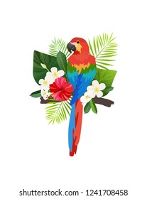 Exotic bird vector illustration isolated on white backgeound. Colorful parrot ara in tropical foliage and flowers composition.