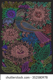 Exotic bird,fantastic flowers, branches, leaves. Colorful contour thin line drawing with ethnic ornaments on a black background. Vector fantasy stylized cockatoo jungle parrot silhouette.T-shirt print