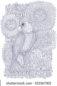 Exotic bird fantastic flowers  branches  leaves  Contour thin line drawing and ethnic ornaments Vector fantasy stylized cockatoo jungle parrot silhouette T  shirt print Coloring book page  Blue White