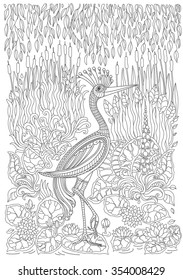 Exotic bird,fantastic flowers, branches, leaves. Contour thin line drawing with ethnic ornaments. Vector fantasy stylized heron silhouette on the lake.T-shirt print. Coloring book page. Black White