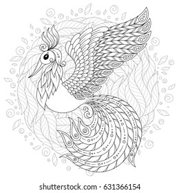 Exotic bird,fantastic flowers, leaves. Firebird for anti stress Coloring Page with high details. Coloring book page for adults and children. Black White Bird collection. Set of illustration.