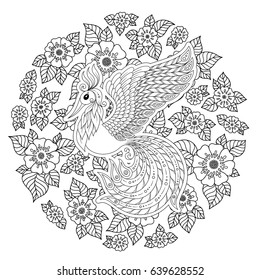 Exotic bird,fantastic flowers, leaves. Firebird for anti stress Coloring Page with high details. Coloring book page for adults and children. Black White Bird collection. Set of illustration.