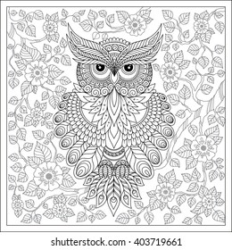 Exotic bird,fantastic flowers,branches, leaves. Coloring page with cute owl and floral frame. Coloring book page for adults and children. Black White Bird collection. Set of illustration. 