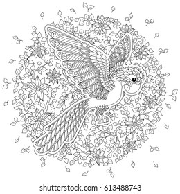 Exotic bird,fantastic flowers,branches, leaves. Contour thin line drawing. Vector fantasy stylized cockatoo jungle parrot . T-shirt print. Coloring book page for adults and children. Black White