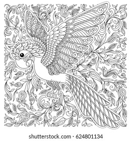 Exotic bird,fantastic flowers,branches, leaves. Contour thin line drawing. Vector fantasy stylized cockatoo parrot silhouette.T-shirt print. Coloring book page for adults and children. Black White