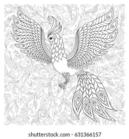 Exotic bird,fantastic flowers,branches, leaves. Contour thin line drawing. Vector fantasy stylized cockatoo parrot silhouette.T-shirt print. Coloring book page for adults and children. Black White