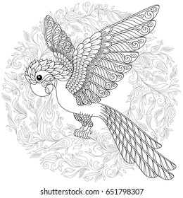 Exotic bird,fantastic flowers,branches, leaves. Contour thin line drawing. Vector fantasy stylized cockatoo  parrot silhouette.T-shirt print. Coloring book page for adults and children. Black White