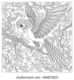 Exotic bird,fantastic flowers,branches, leaves.Contour thin line drawing.Vector fantasy stylized cockatoo jungle parrot silhouette.T-shirt print.Coloring book page for adults and children.Black White