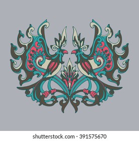 Exotic birds with fantastic flowers, branches. Vector decorative fantasy stylized parrots silhouettes isolated on grey background. Coat of arms. Heraldic design element for tattoo, prints or t-shirt