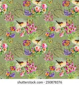 Exotic birds with flowers and butterfly colorful seamless pattern on green background vector illustration