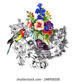 Exotic birds with flowers colorful on white background vector illustration