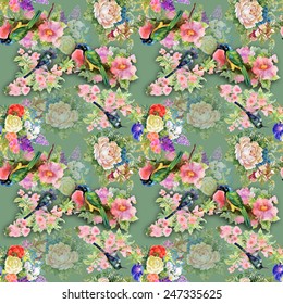 Exotic birds with flowers colorful seamless pattern on green background vector illustration