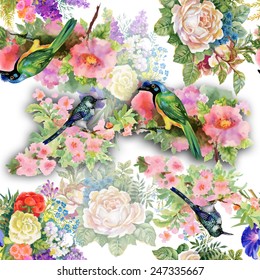 Exotic birds with flowers colorful seamless pattern on white background vector illustration