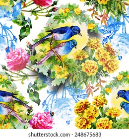 Exotic birds with flowers colorful seamless pattern on white background vector illustration