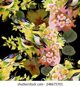 Exotic birds with flowers colorful seamless pattern on black background vector illustration