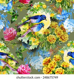 Exotic birds with flowers colorful seamless pattern on green background vector illustration