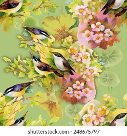 Exotic birds with flowers colorful seamless pattern on green background vector illustration