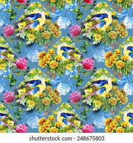 Exotic birds with flowers colorful seamless pattern on blue background vector illustration